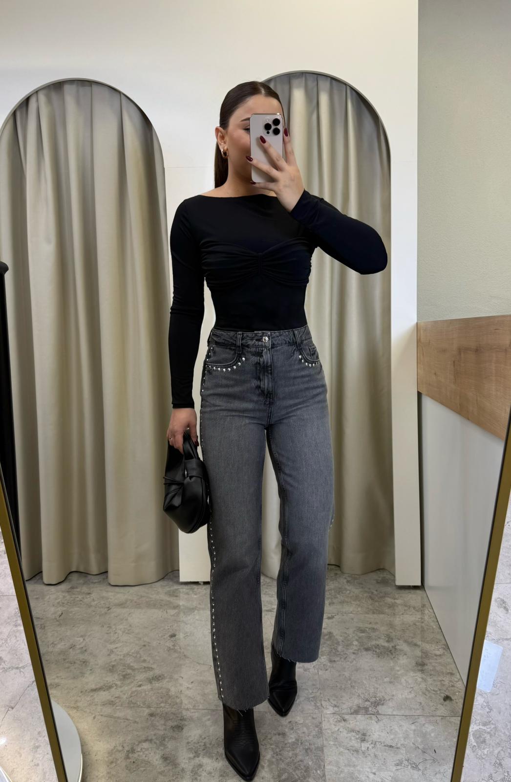 Yüksek Bel Füme Zımbalı Jean