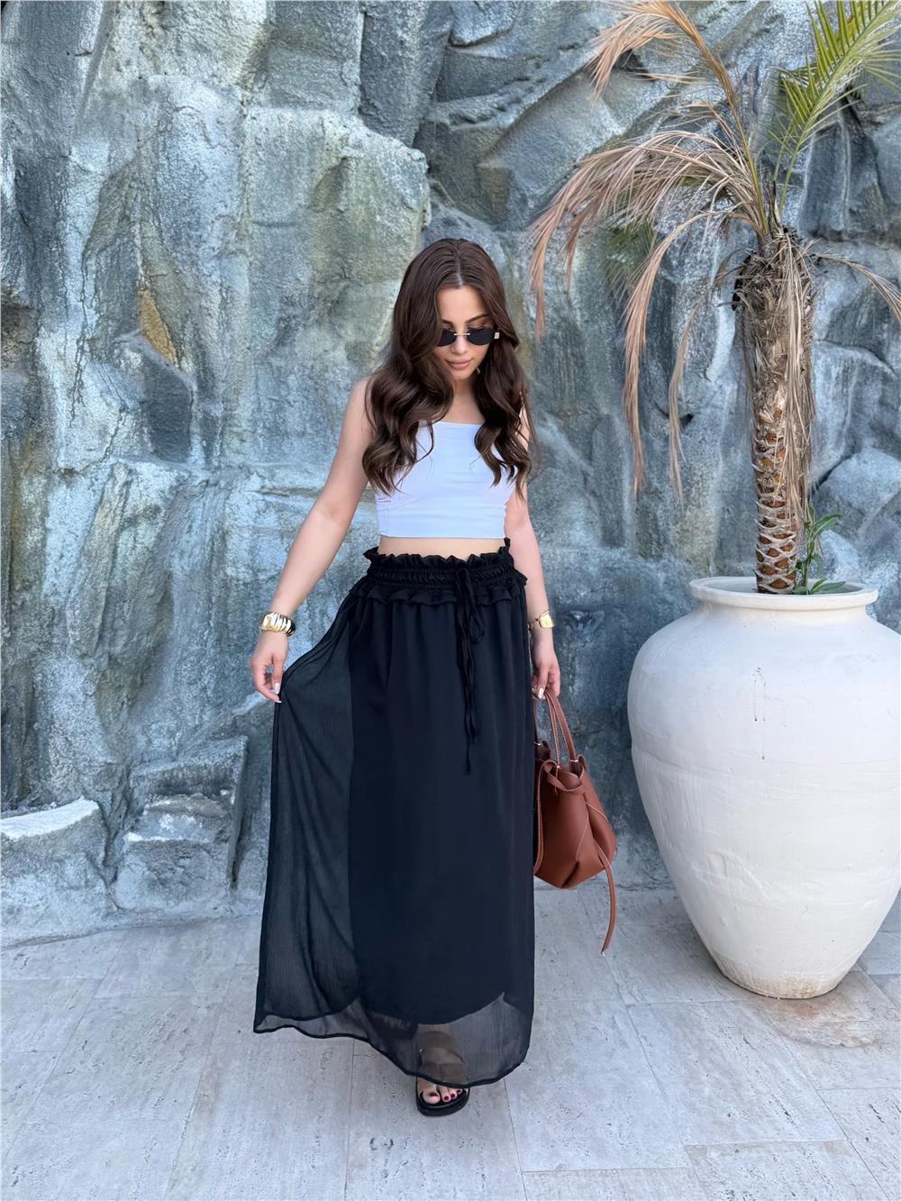 zra marka model şifon etek-SİYAH