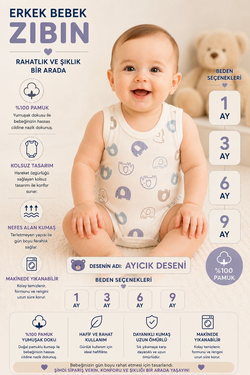 Erkek Bebek Sevimli Fil Desenli Zıbın -Yeşil