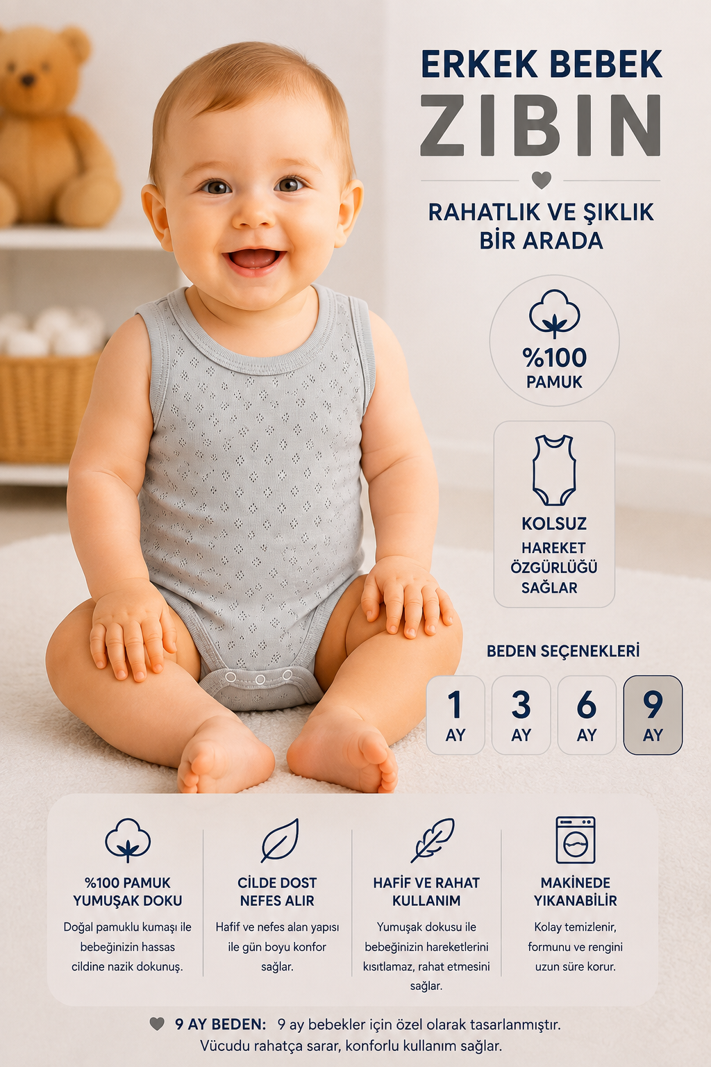 Erkek Bebek Zıbın -Gri 