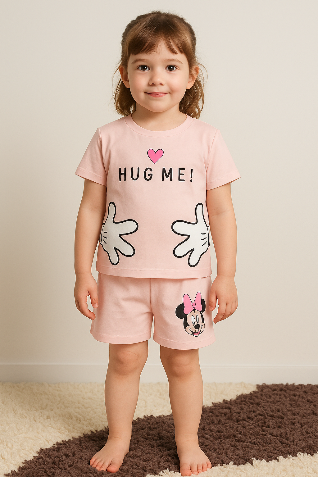 Hug Me Yazılı Karakter Baskılı T-shirt ve Şortlu Alt Üst Kız Çocuk Takım 