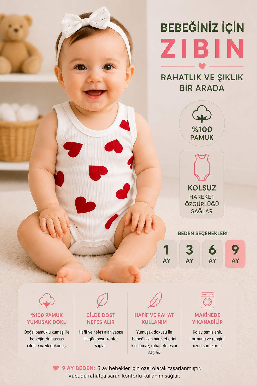 Kız Bebek Kalp  Desenli Zıbın-Beyaz