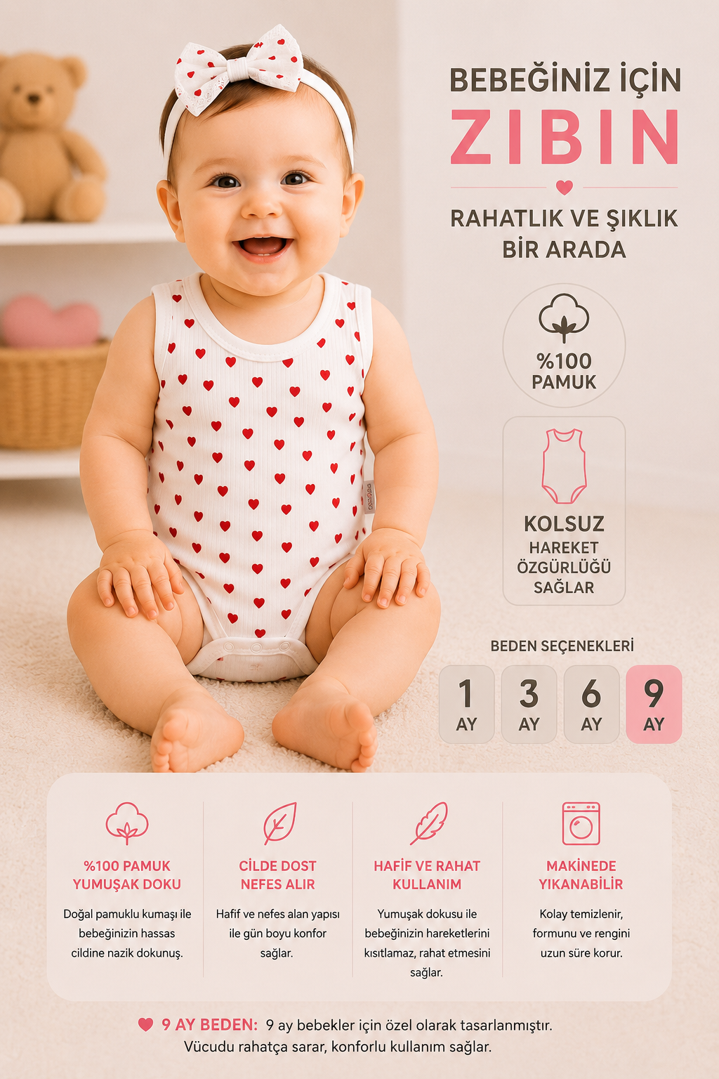 Kız Bebek Küçük Kalp Desenli Zıbın-Beyaz
