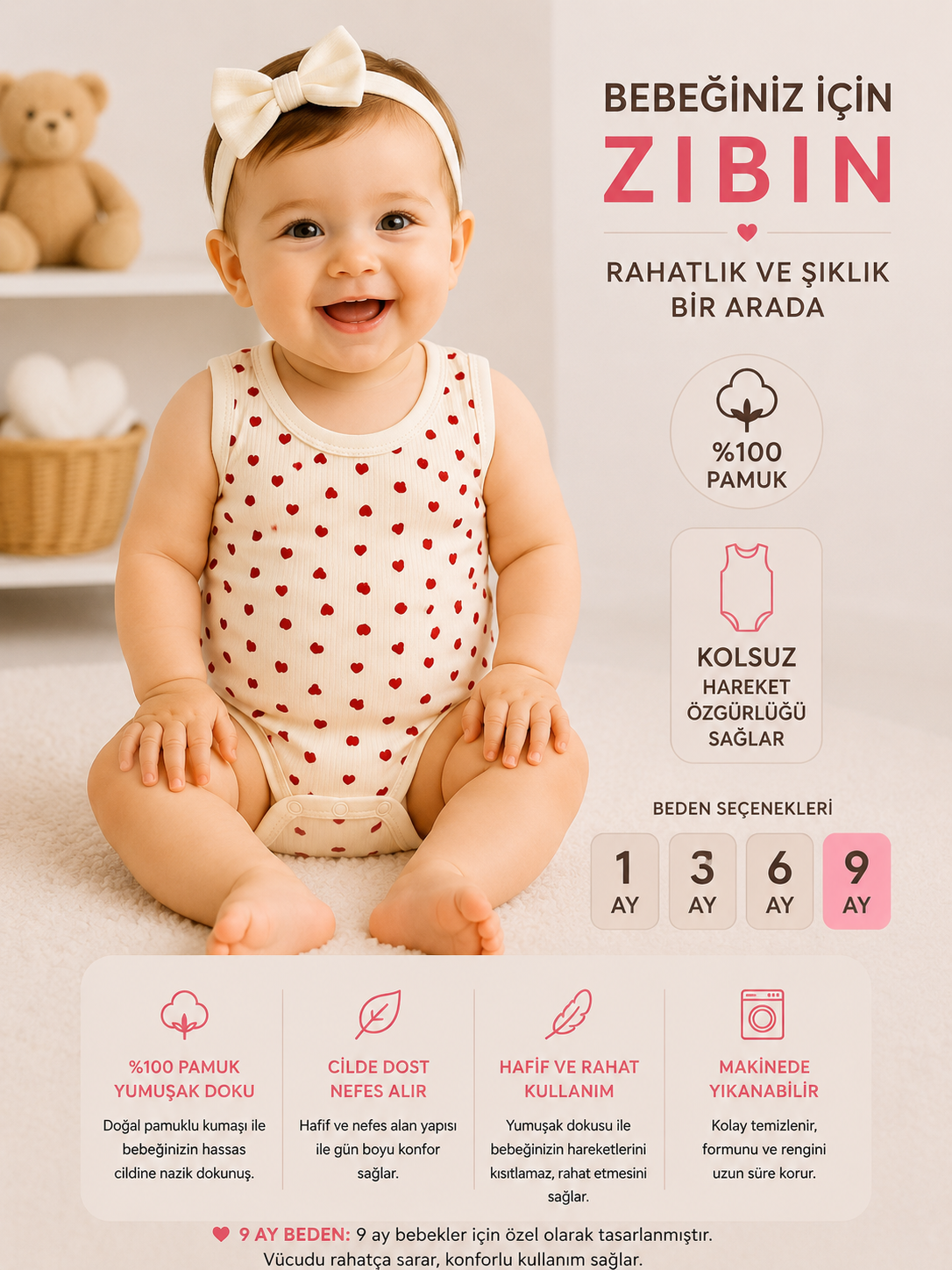 Kız Bebek Küçük Kalp Desenli Zıbın-Krem 