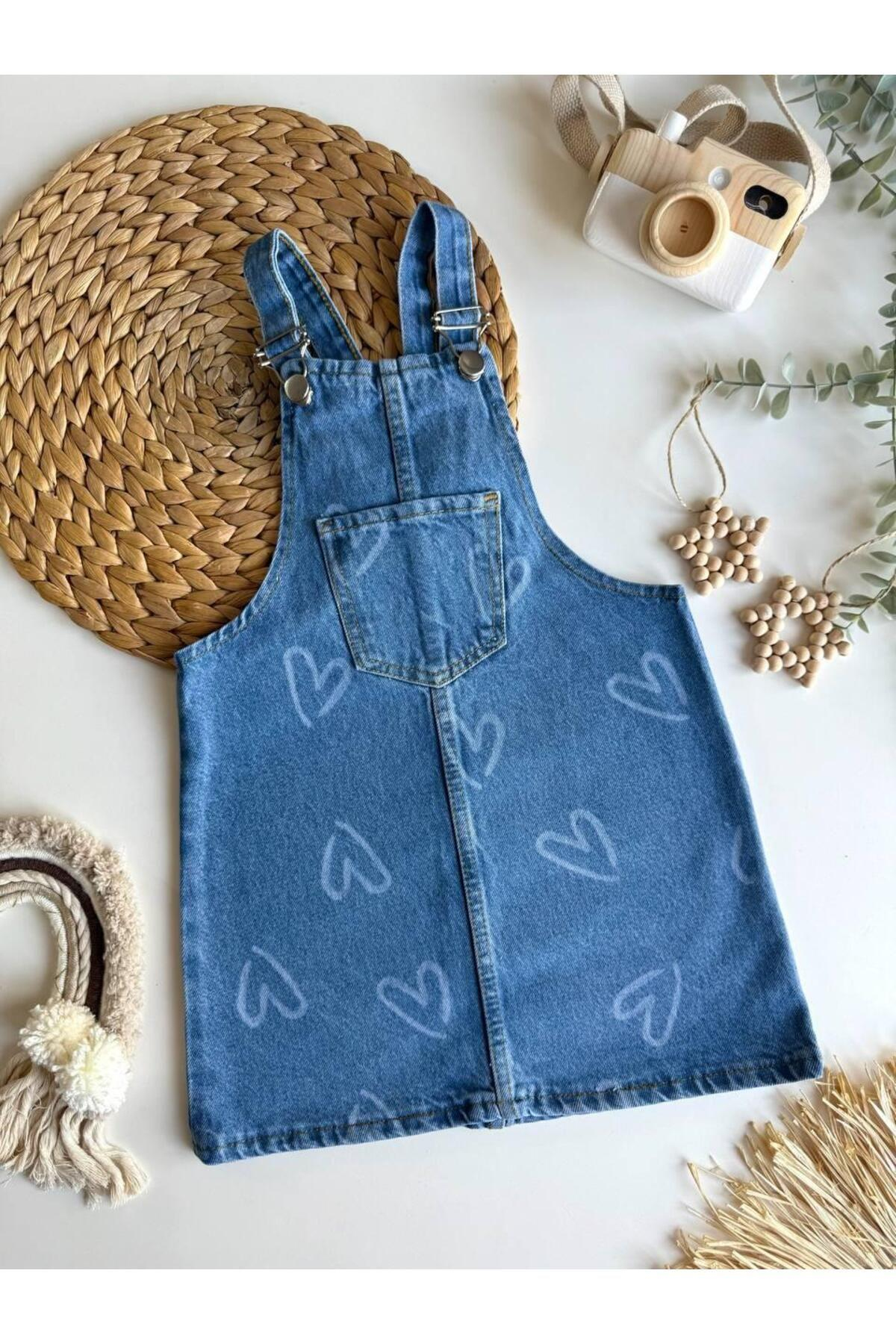 Kız Çocuk Kalp Baskılı Kot Denim Jile Bayramlık