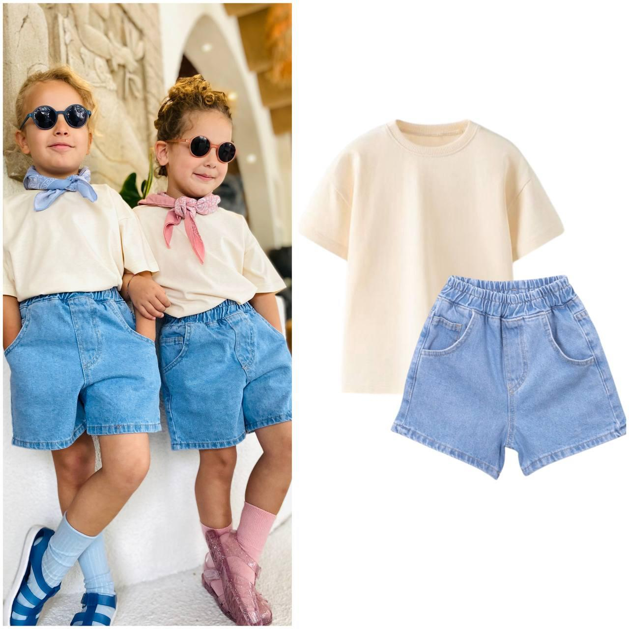 Laciel Paris Mavi Kot Şort ve Krem Tshirt Bayramlık Unisex 2 'liTakım