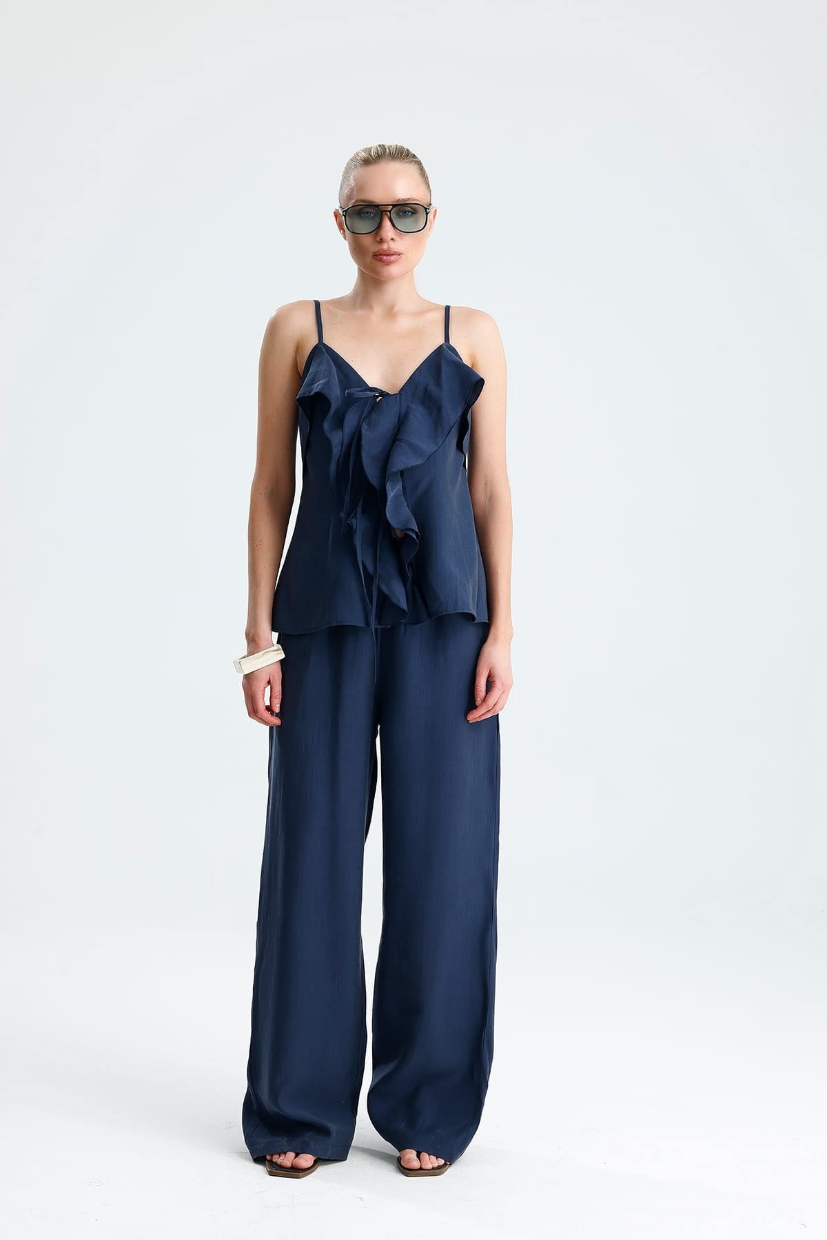 LAVANDA Ön Volanlı Bağcıklı Bluz Ve Pantolon İndigo Takım