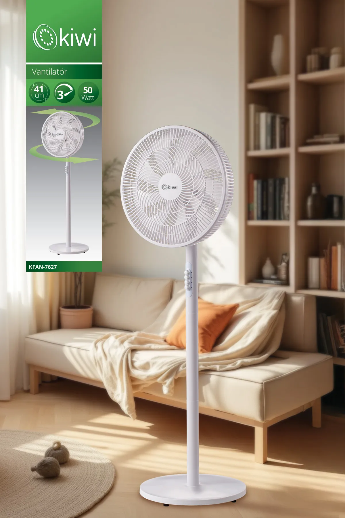 Kiwi Kfan-7627 Salınım Fonksiyonlu Ultra Sessiz Stand Vantilatör 9 Kanatlı 50W