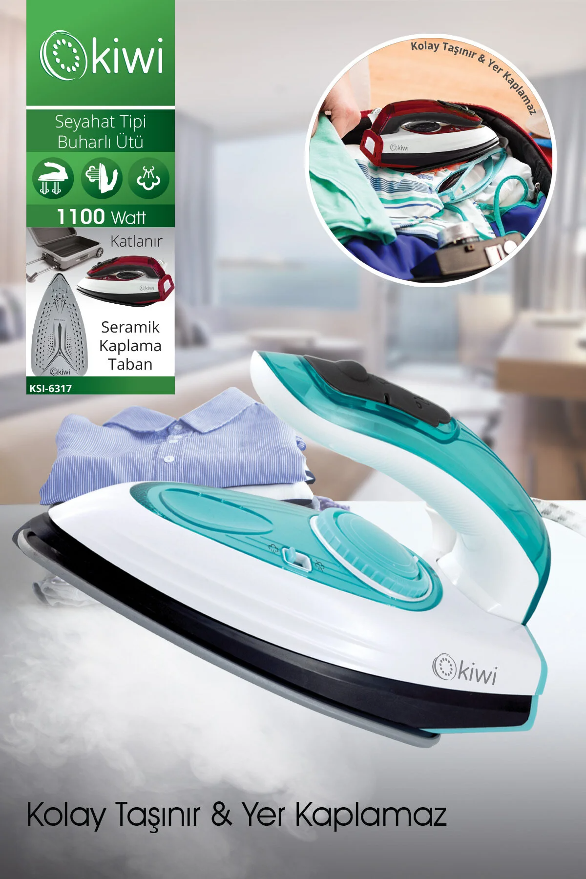 Ksı-6317 2'si 1 Arada Buharlı Seyahat Ütüsü & Dikey Portatif Kırışık Giderici Mavi