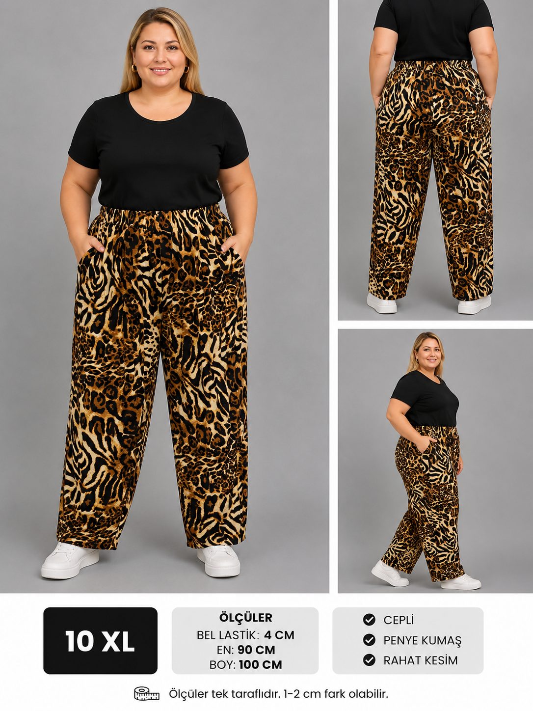 Büyük Beden Cepli Leopar Desenli Penye Pantolon