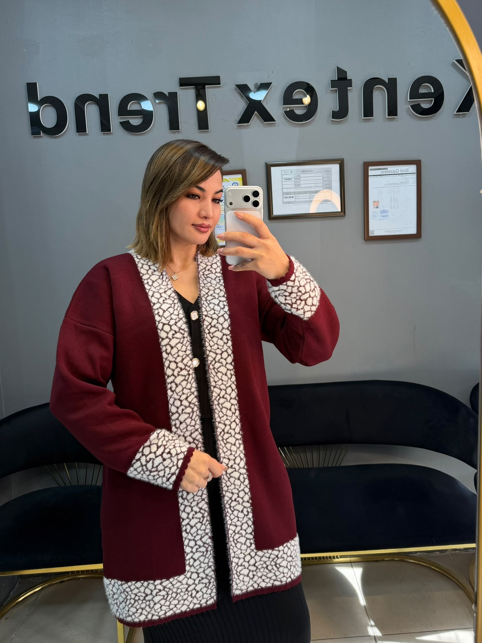 Triko kısa abaya önü sakallı Bordo renk