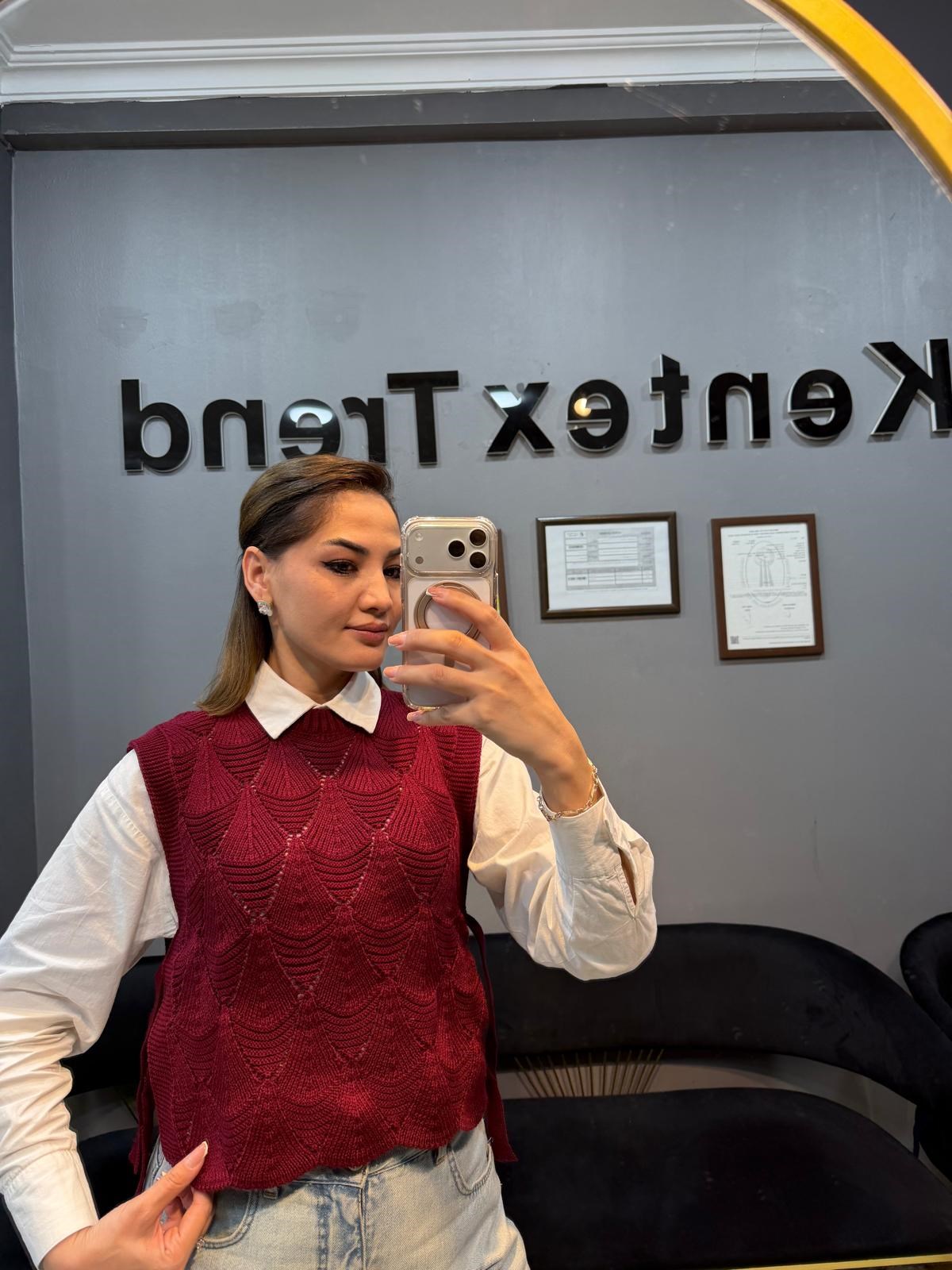 Triko yan bağcıklı düz süveter Bordo renk 