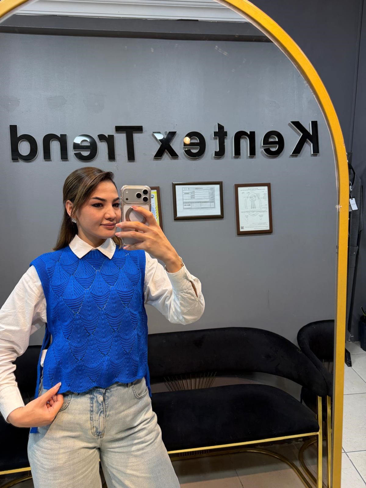 Triko yan bağcıklı düz süveter saks mavi renk 