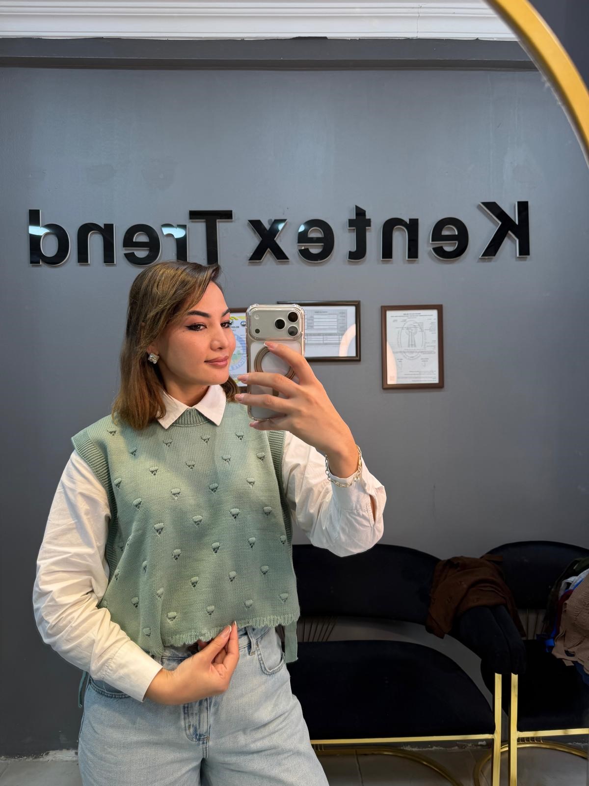 Triko yan bağcıklı örgü süveter pıtırcık desenli Su yeşili renk 