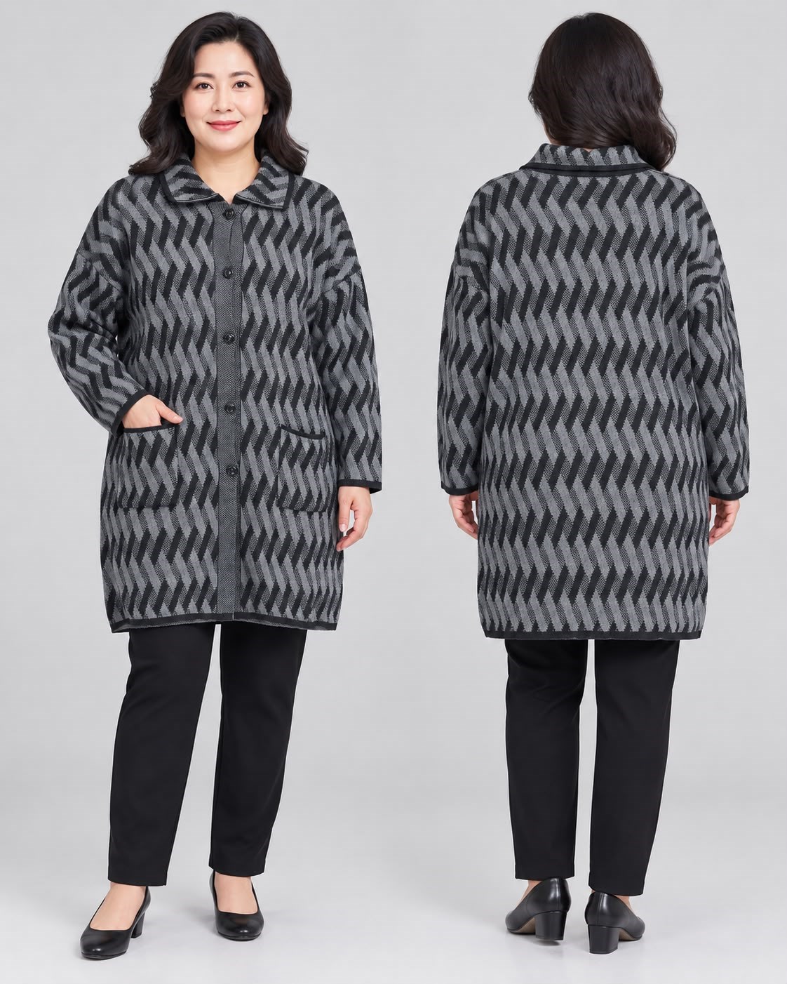 Triko zigzag desenli düğmeli uzun hırka Antrasit renk