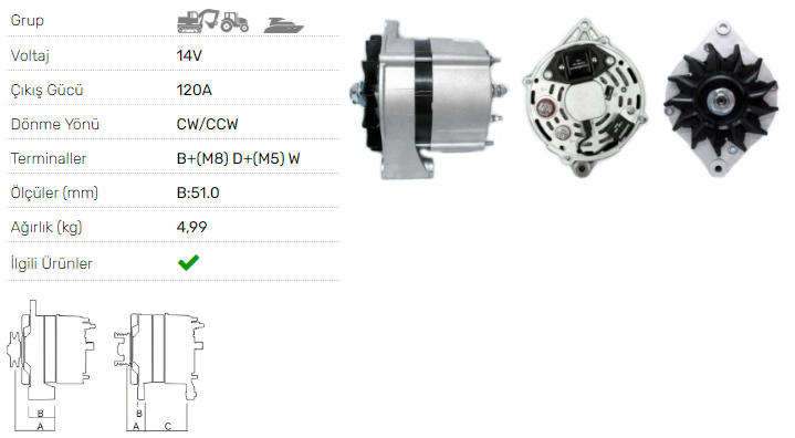 ALTERNATOR 14V-120A JOHN DEERE 5.9,7.2