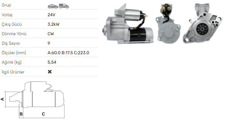 MARŞ MOTORU 24V-3.2kW-9DİŞ MITSUBISHI FUSO CANTER3.3 DIESEL,4.2 DIESEL -CANTER 60 FE449 E.M.