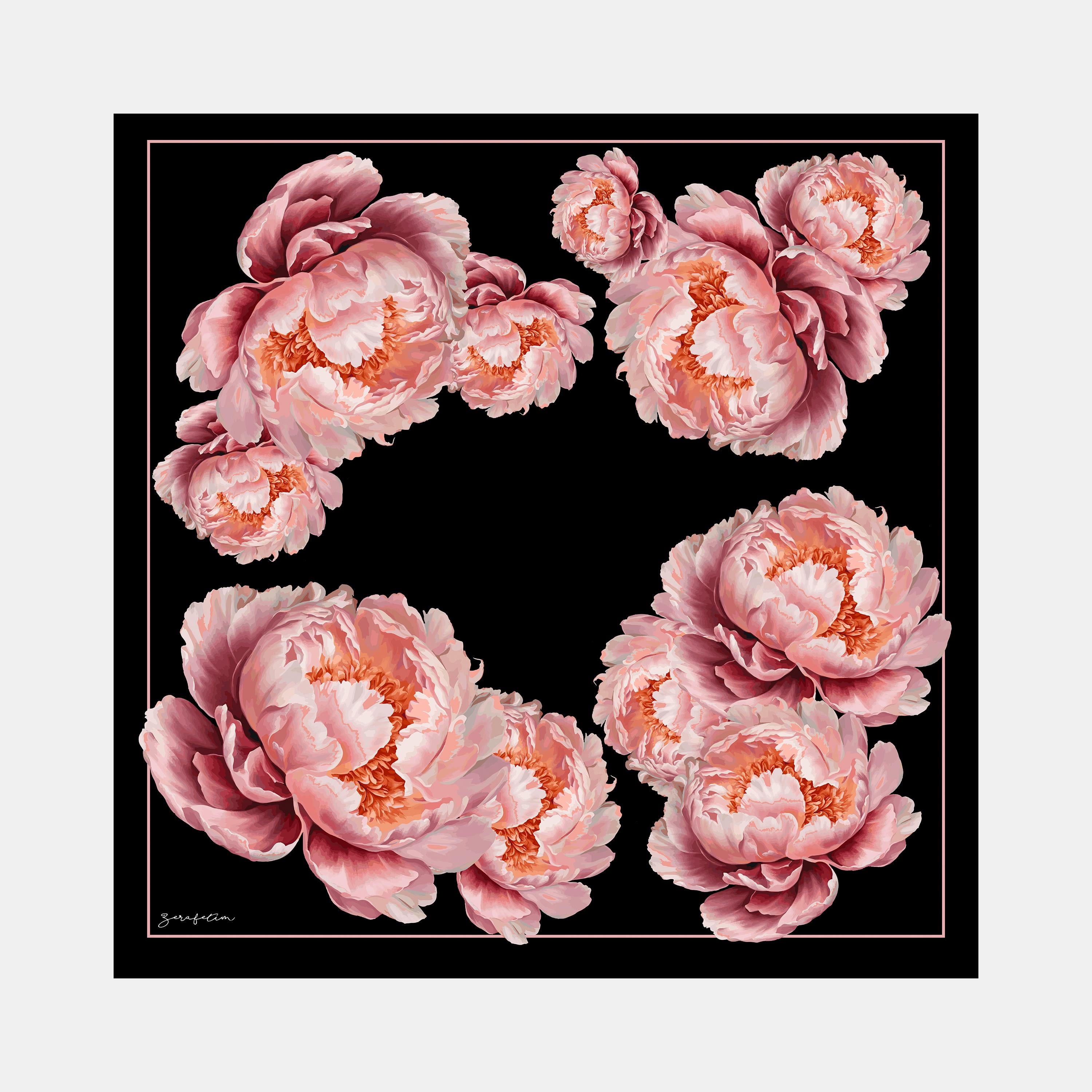 Peony Desen İpek Twill Eşarp