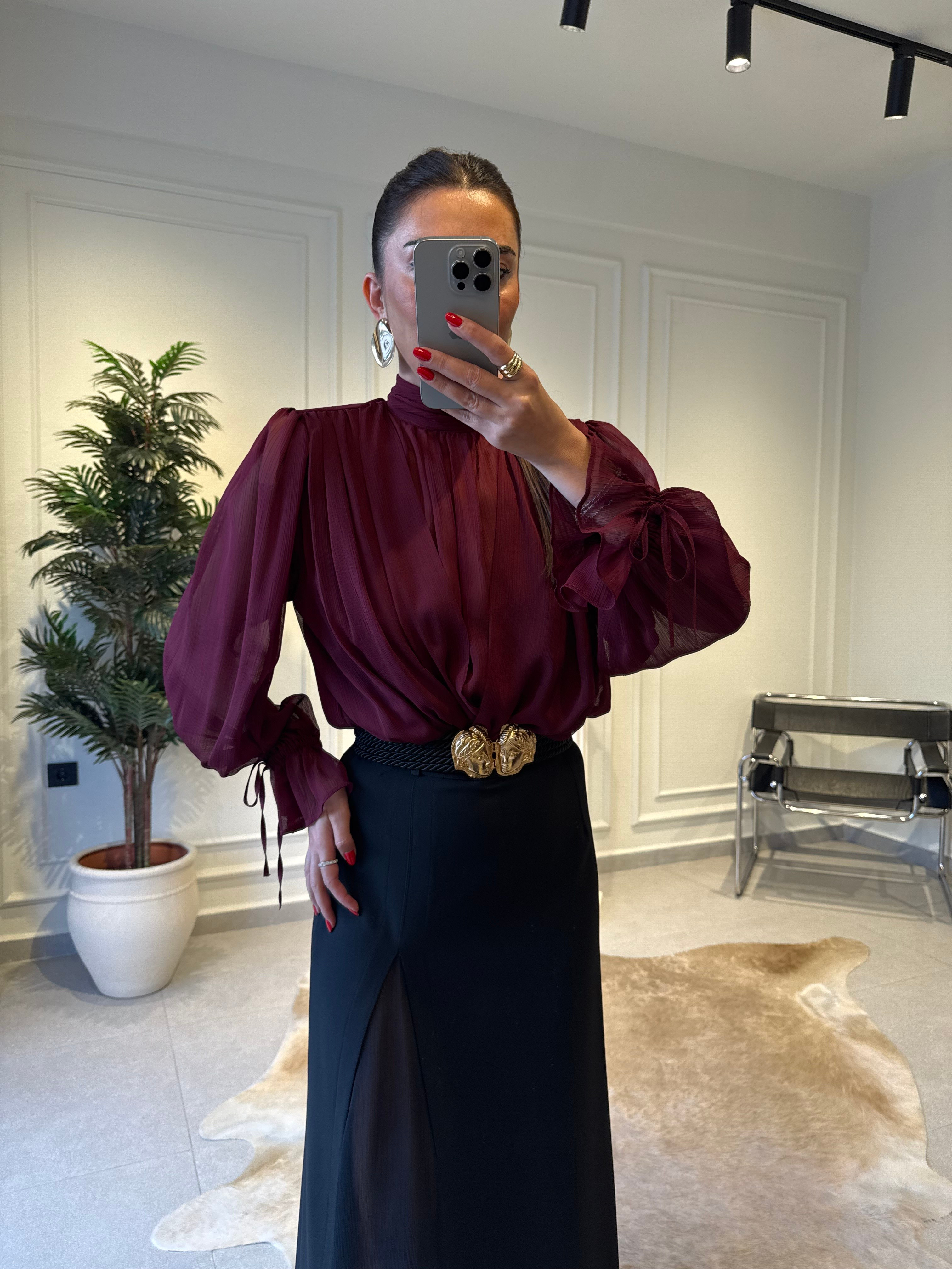 Bordo Drapeli Şifon Bluz