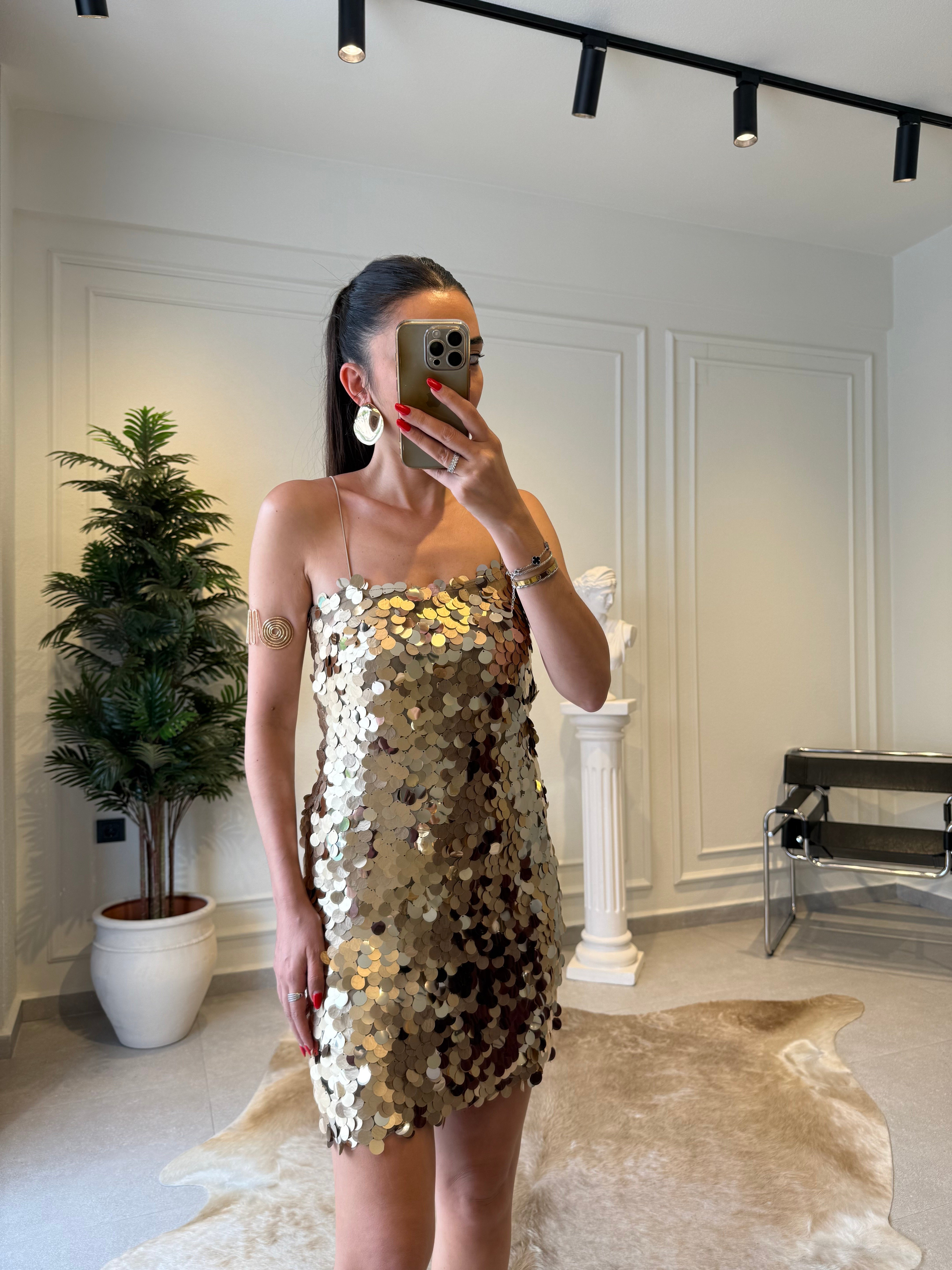 Gold İnce Askılı Payetli Mini Elbise 