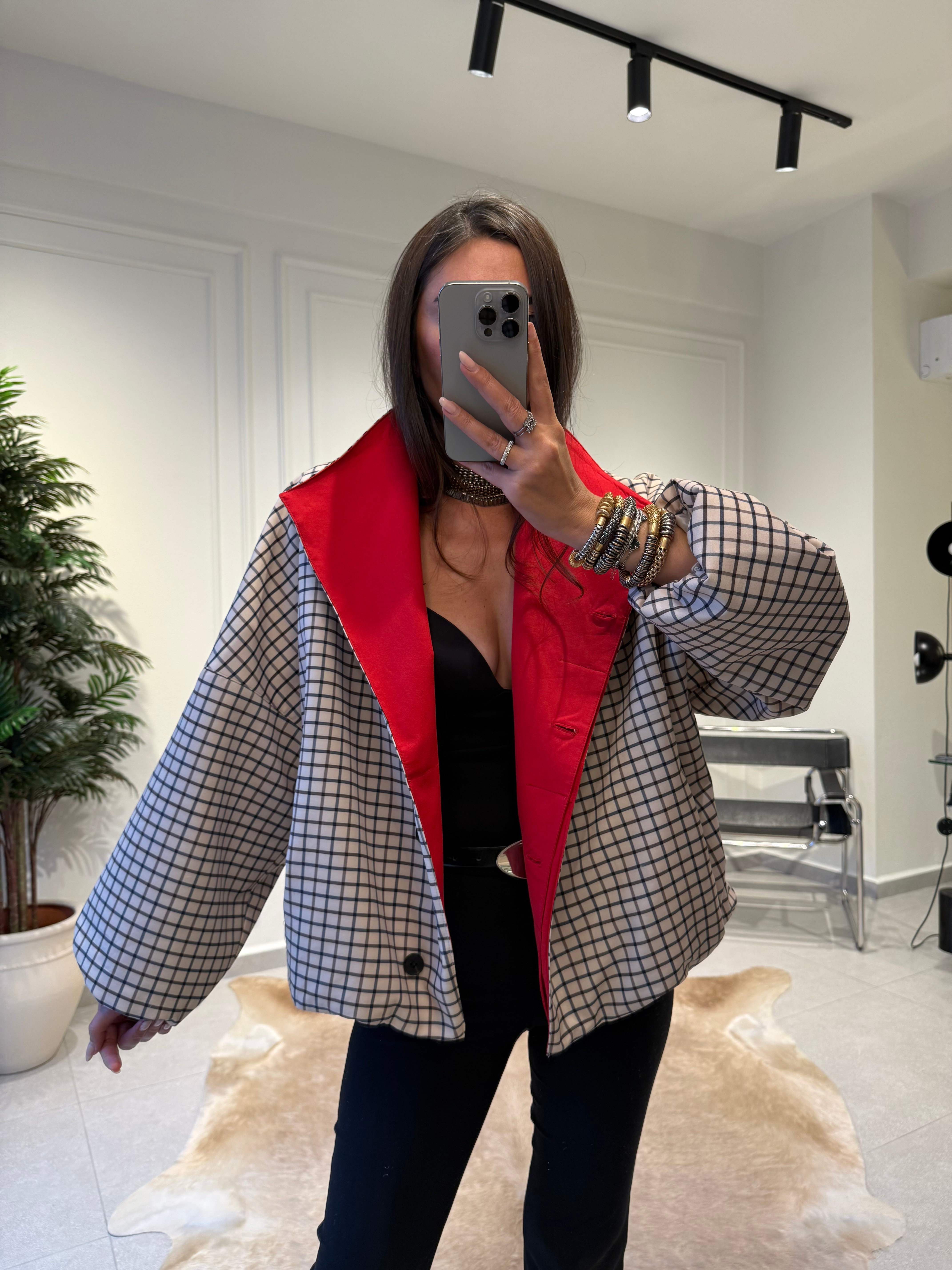 Kırmızı Astarlı Ekose Bomber Ceket
