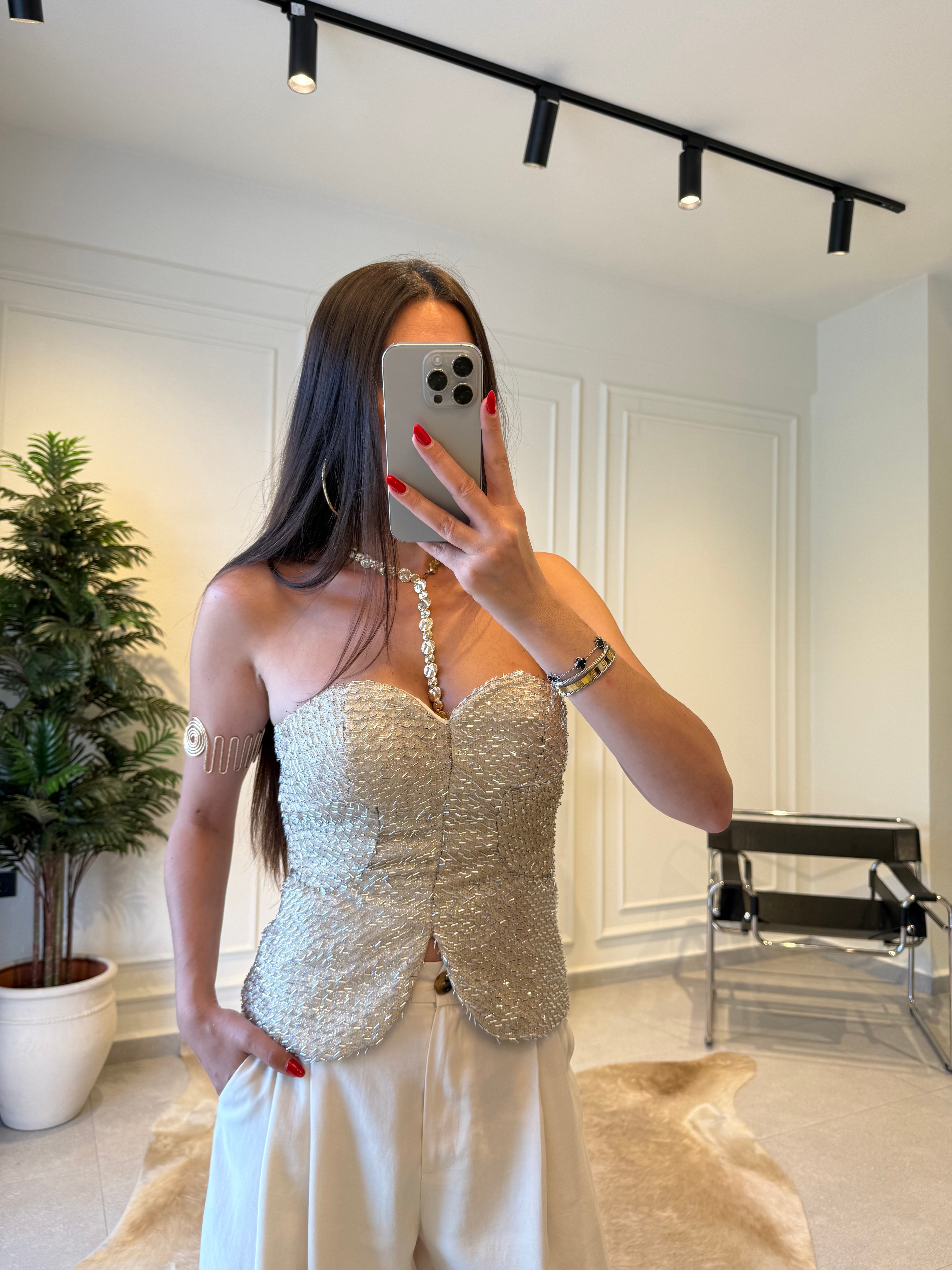 Krem Boncuk Detaylı Korse Bluz
