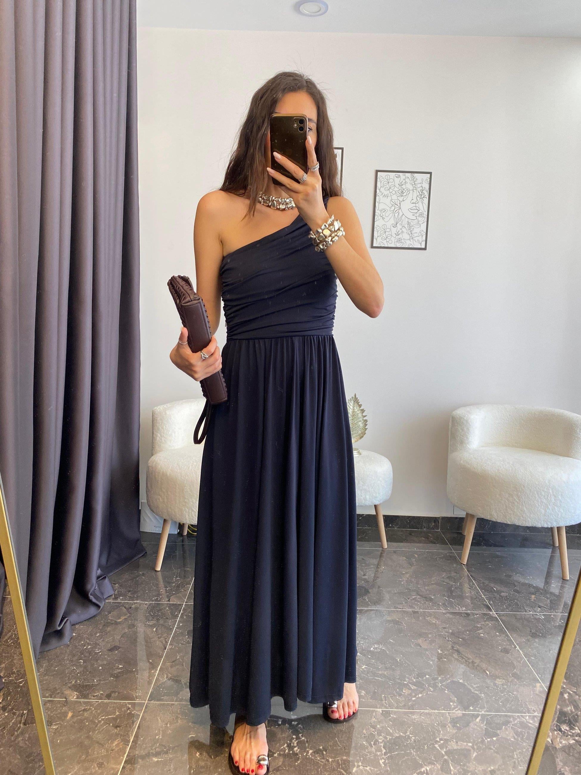 Tek Omuz Drapeli Örme Elbise