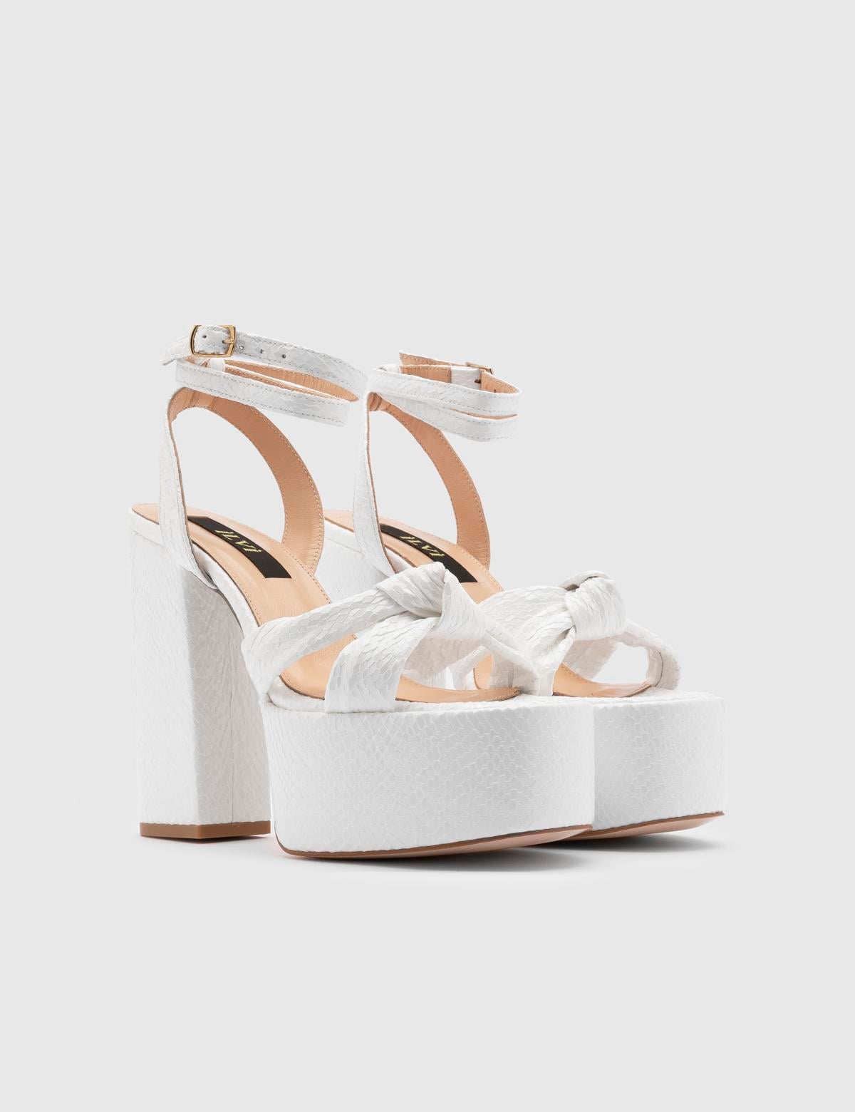 Alcott White Leather Women's Heeled Sandal with Snake Print