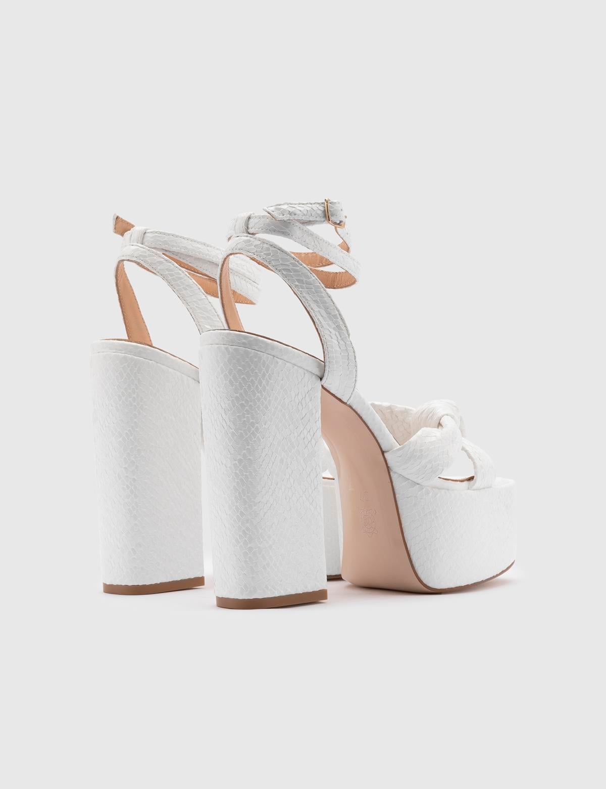 Alcott White Leather Women's Heeled Sandal with Snake Print