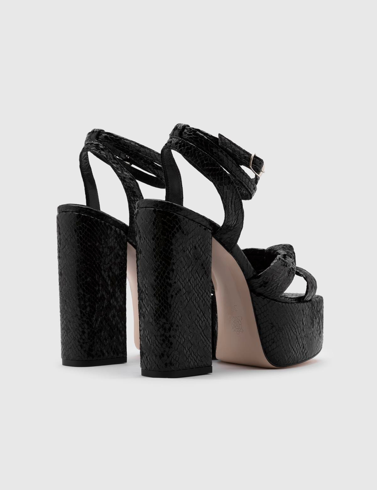 Alcott Black Leather Women's Heeled Sandal with Snake Print