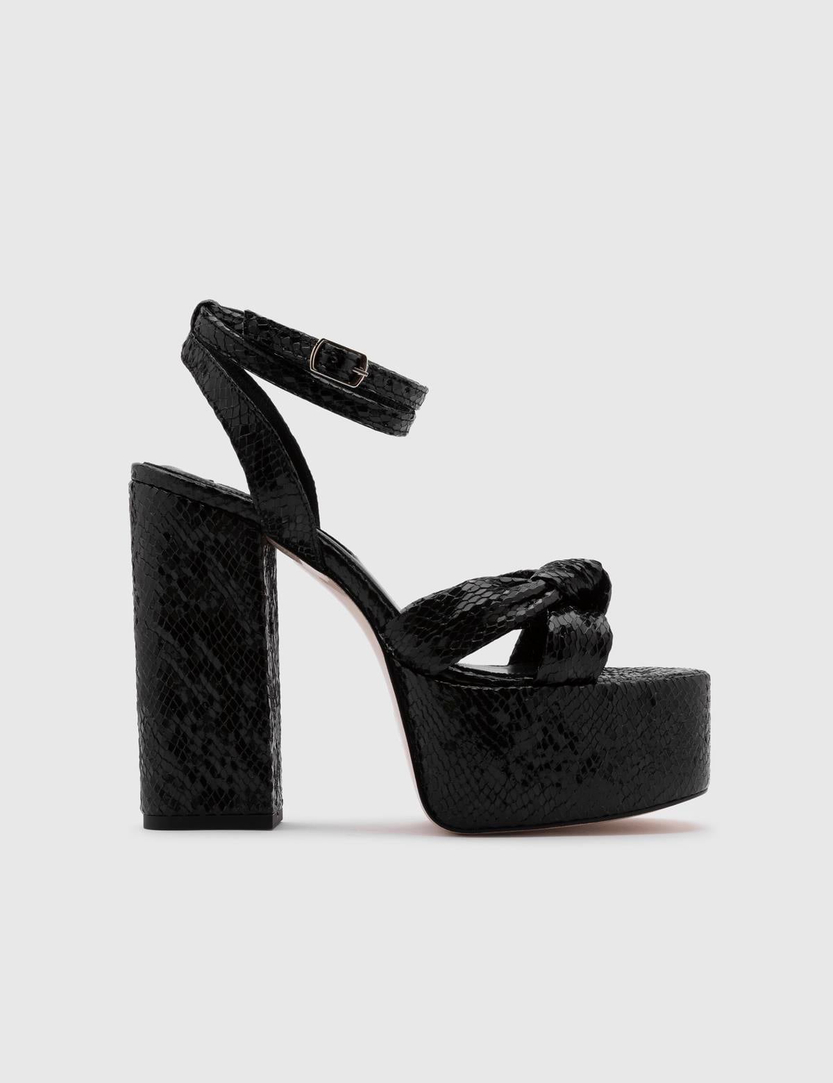 Alcott Black Leather Women's Heeled Sandal with Snake Print