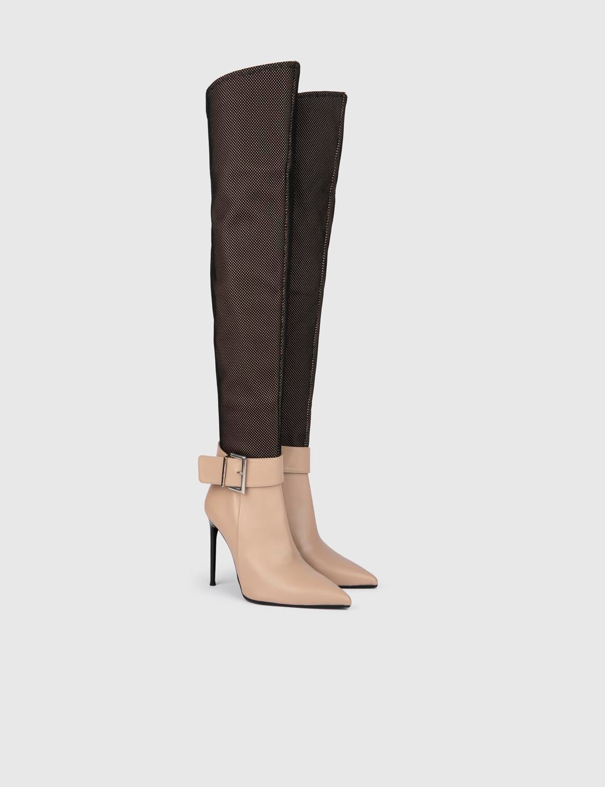 Asmunt Beige Leather-Mesh Women's Heeled High Boot