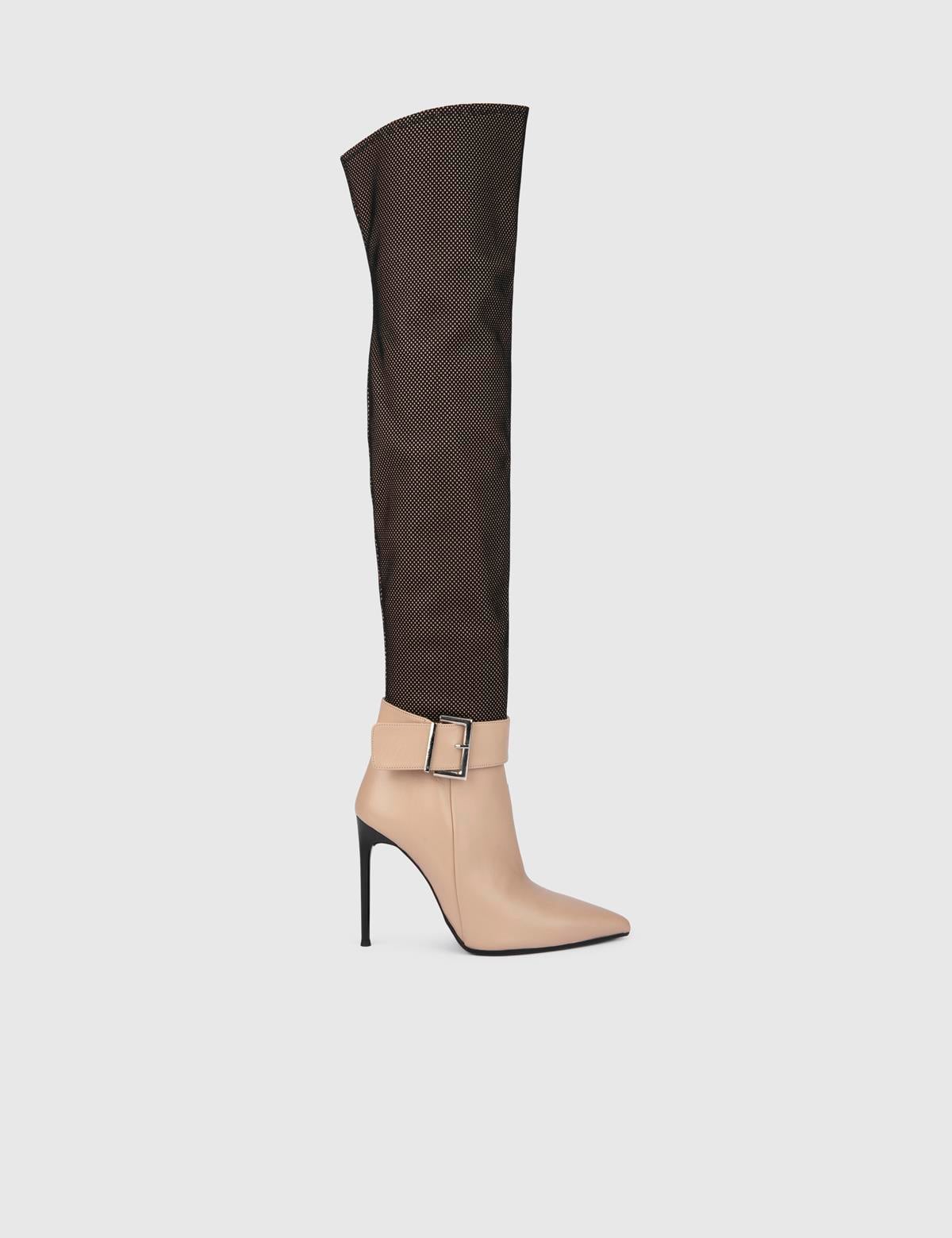 Asmunt Beige Leather-Mesh Women's Heeled High Boot