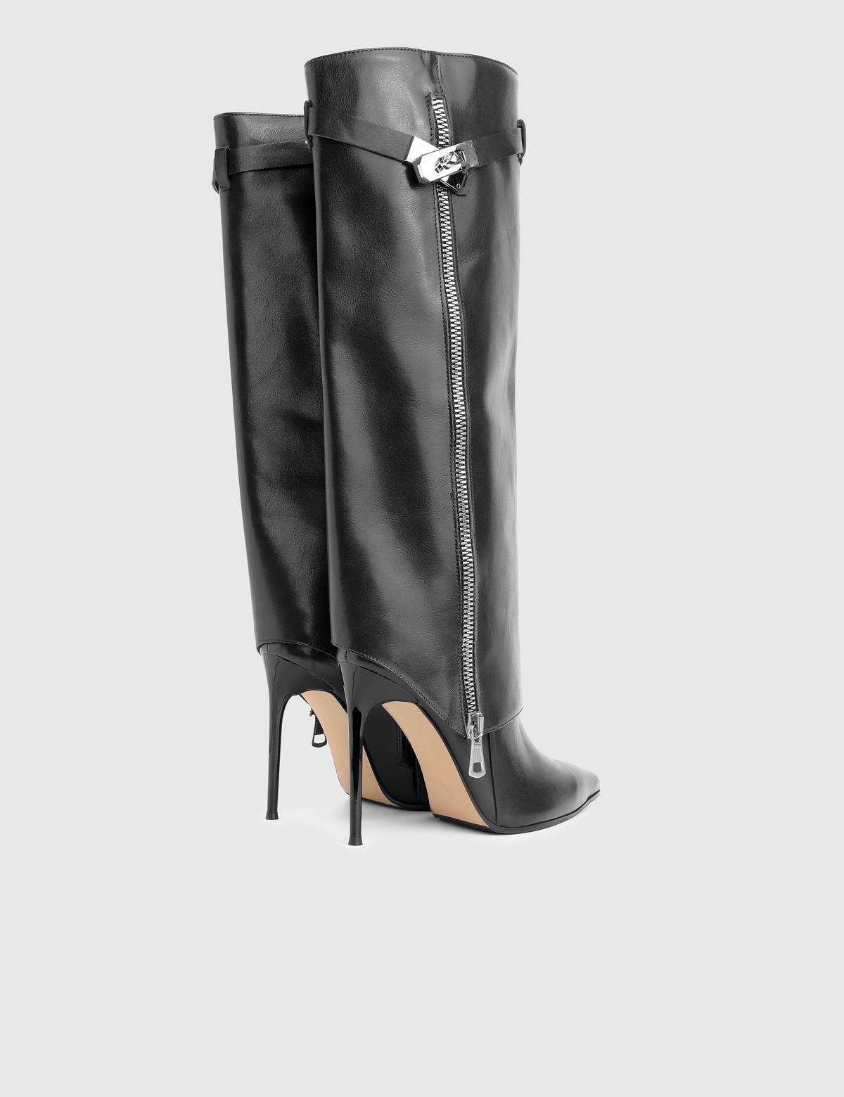 Bellina Black Leather Women's Heeled High Boot
