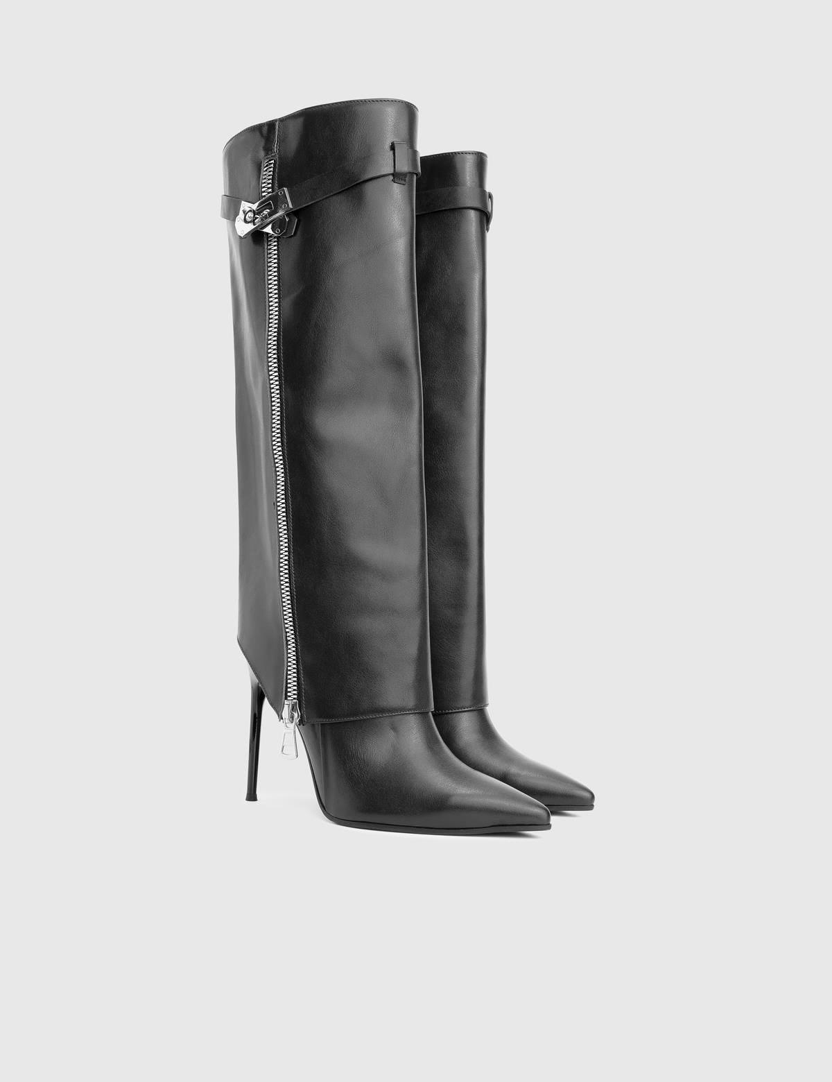 Bellina Black Leather Women's Heeled High Boot