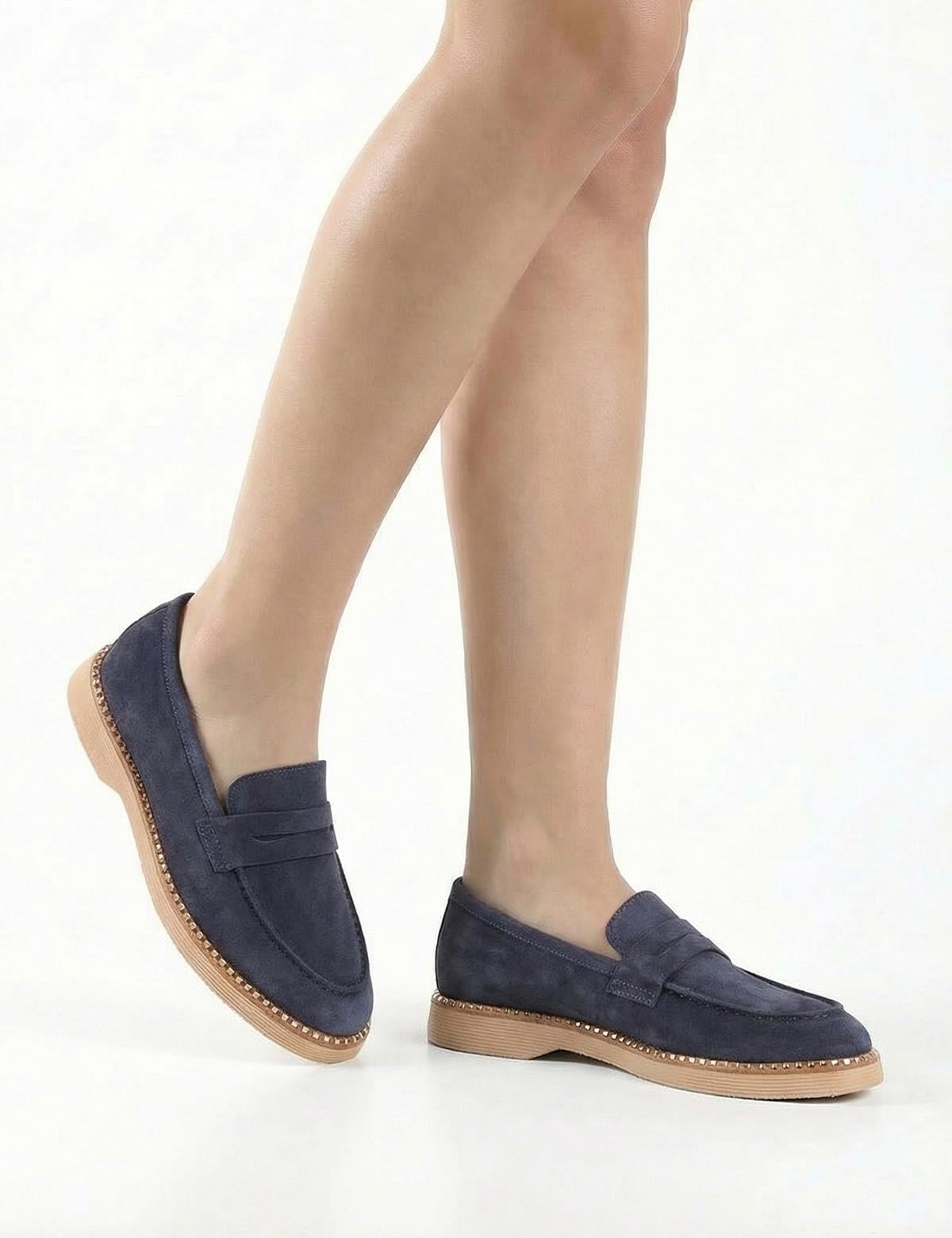 Buckle Navy Blue Suede Leather Women's Loafer