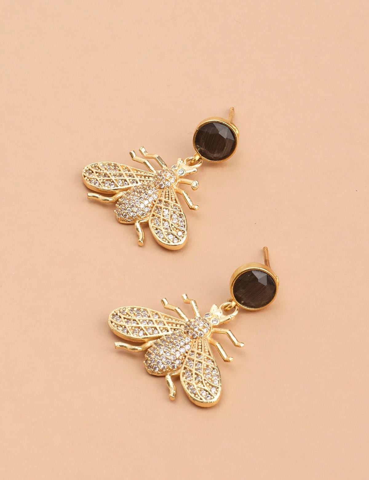 Caline Gold Women's Earrings with Black Stones