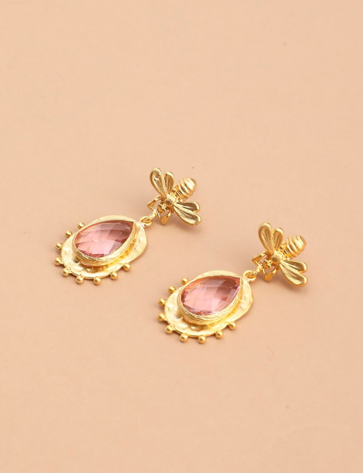 Celare Gold Women's Earrings with Pink Stones
