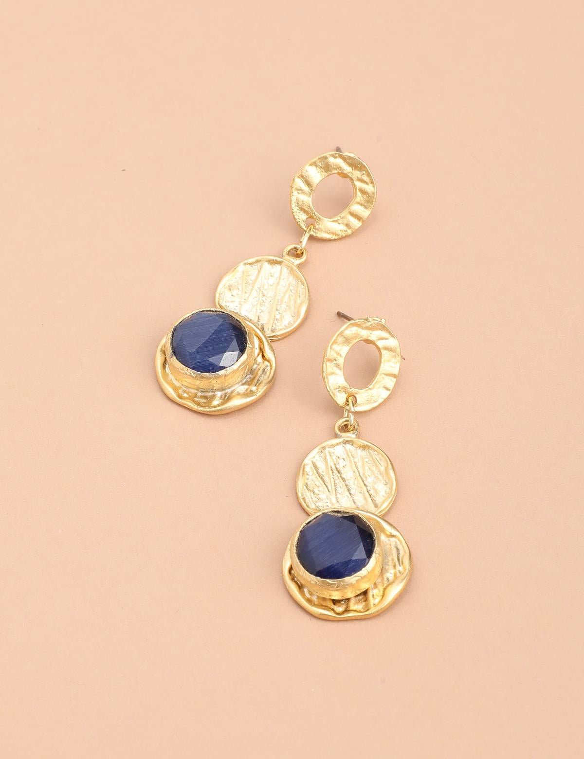 Clart Gold Women's Earrings with Navy Blue Stones