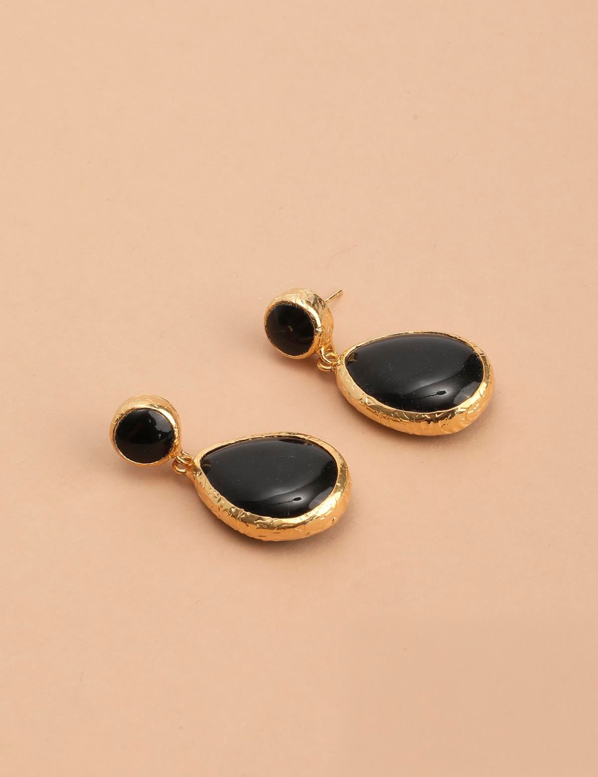 Cyrane Gold Women's Earrings with Black Stones