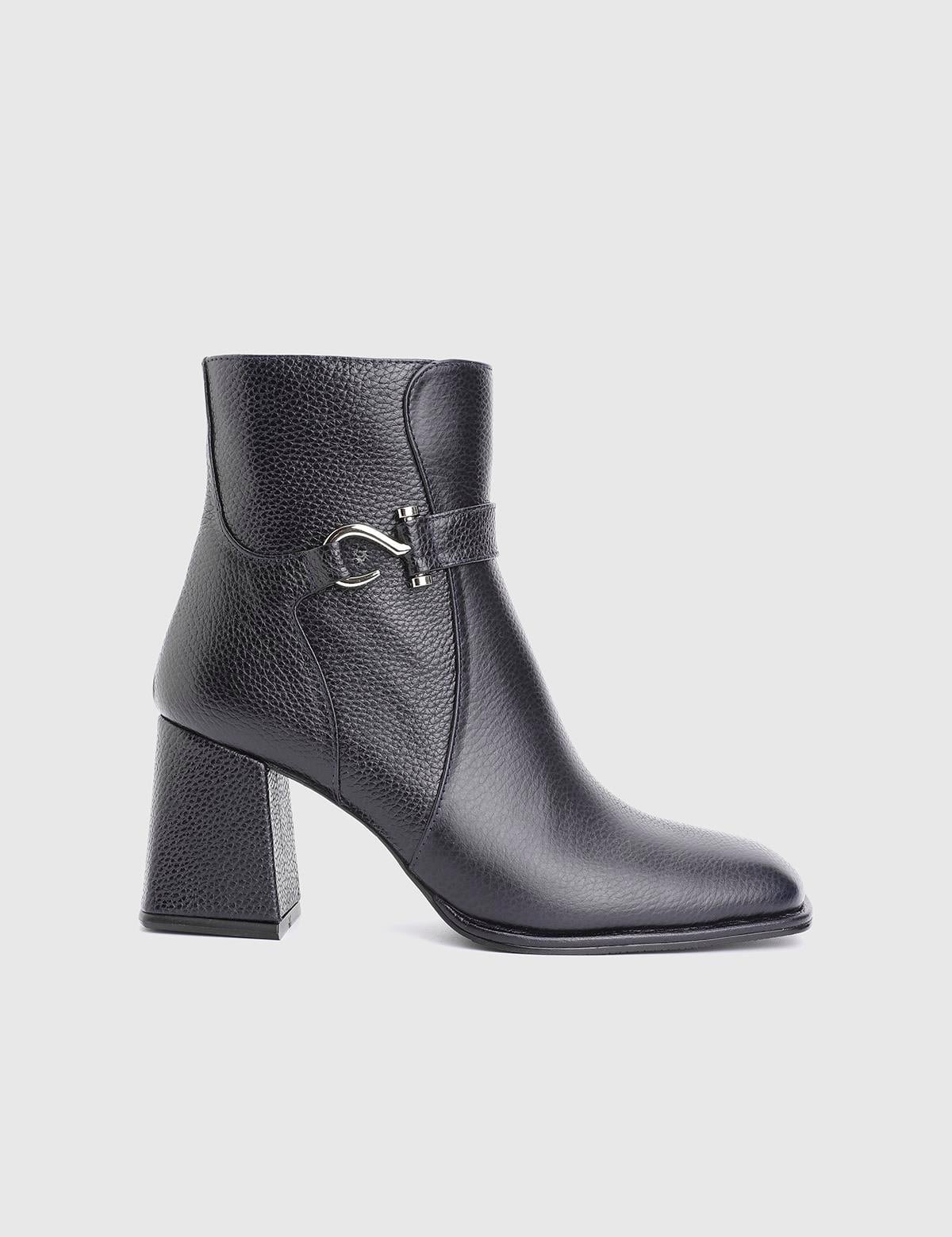 Digna Navy Blue Floater Leather Women's Heeled Boot