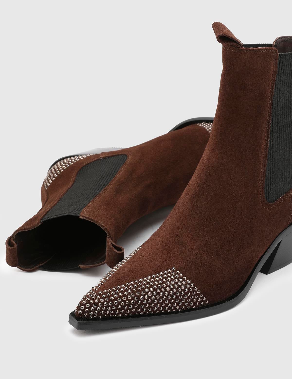 Dixie Brown Suede Leather Women's Heeled Boot with Stones