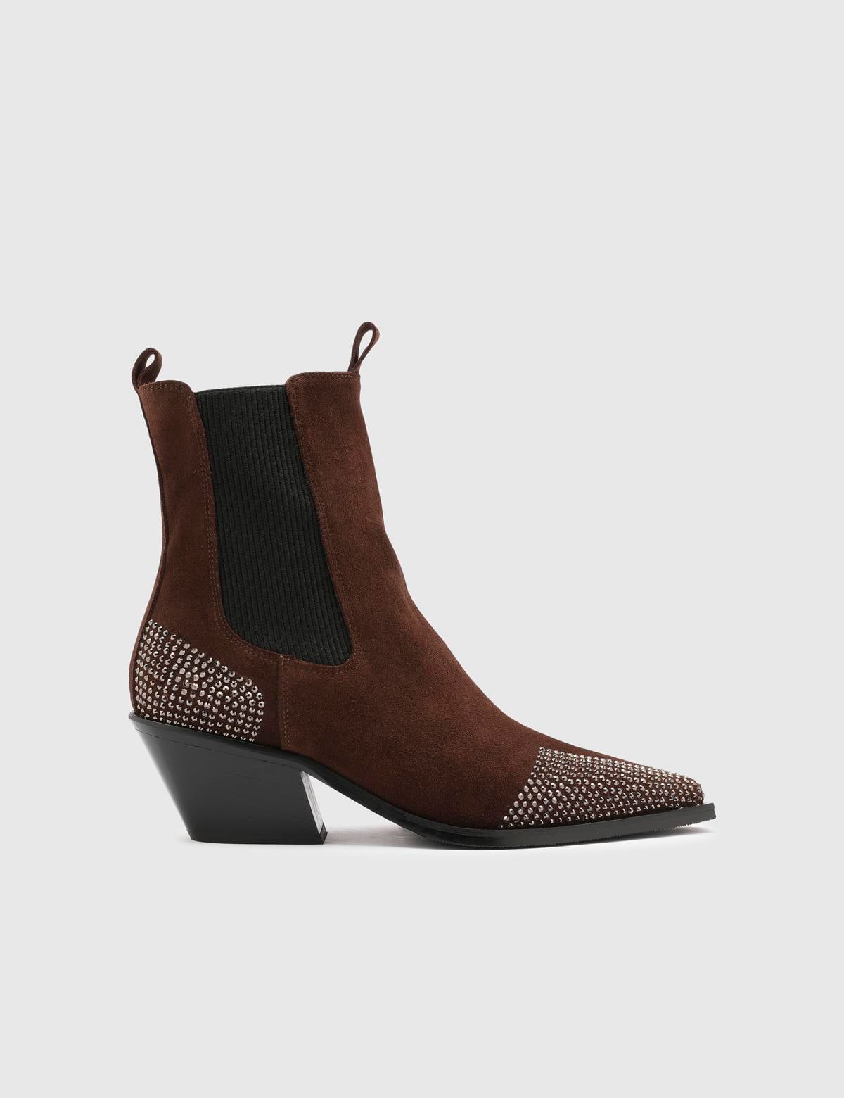 Dixie Brown Suede Leather Women's Heeled Boot with Stones