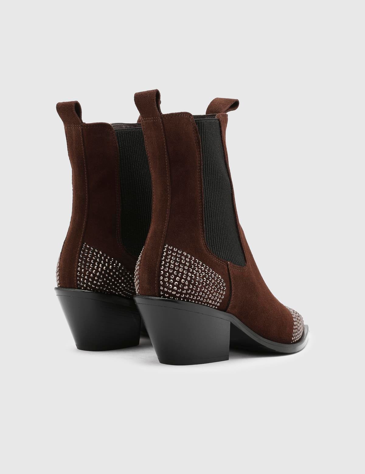 Dixie Brown Suede Leather Women's Heeled Boot with Stones