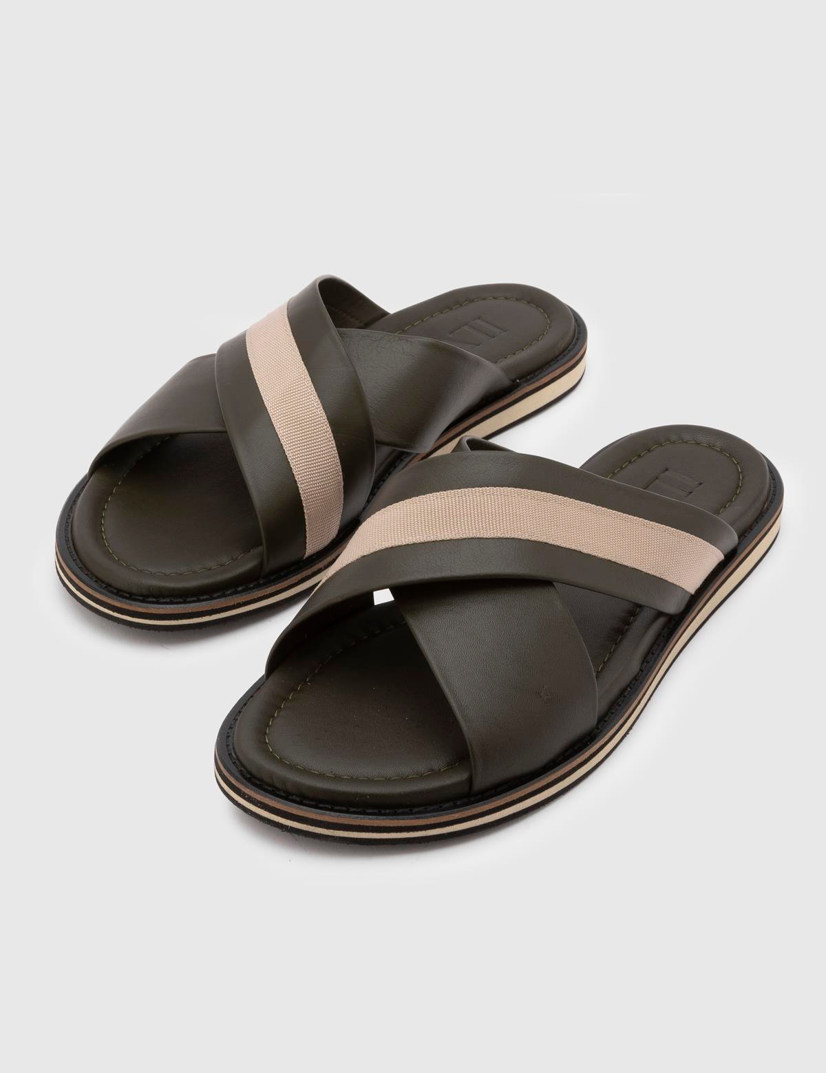 Emiliano Khaki Leather-Fabric Men's Slipper