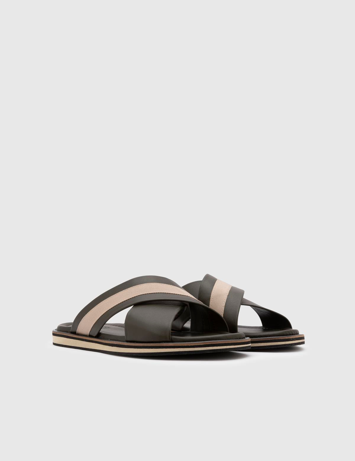 Emiliano Khaki Leather-Fabric Men's Slipper