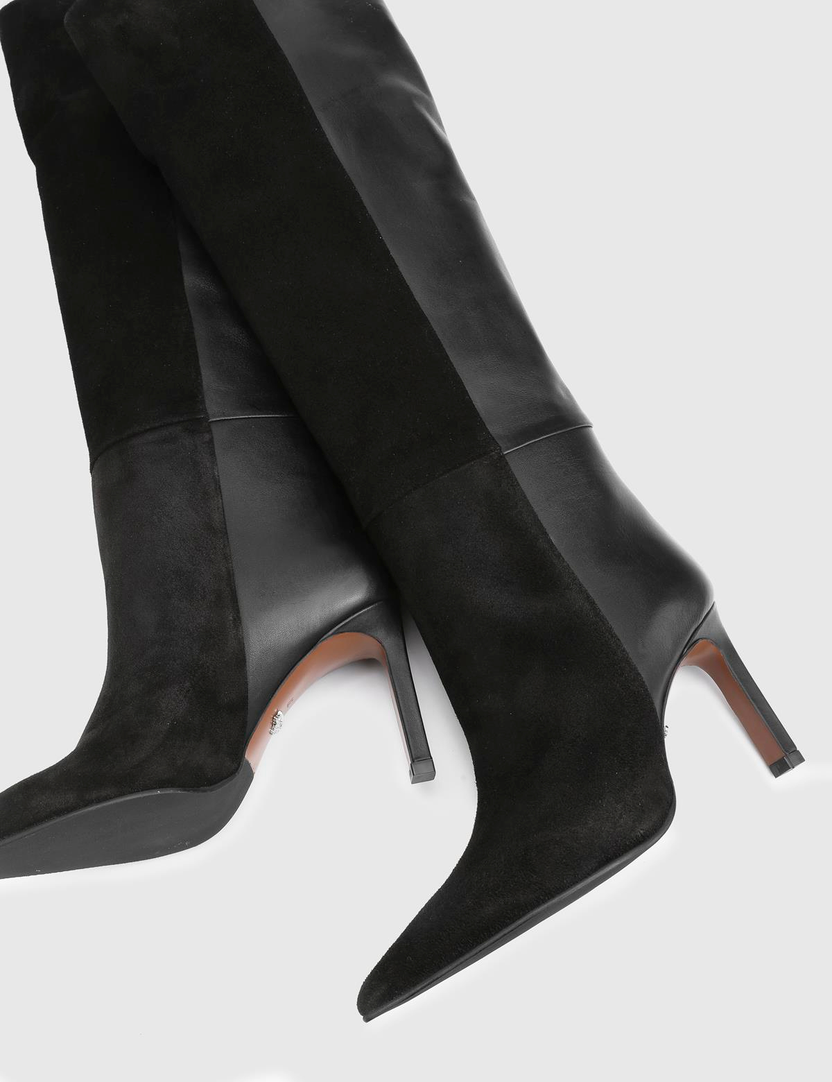Erica Black Suede Leather Women's Heeled High Boot
