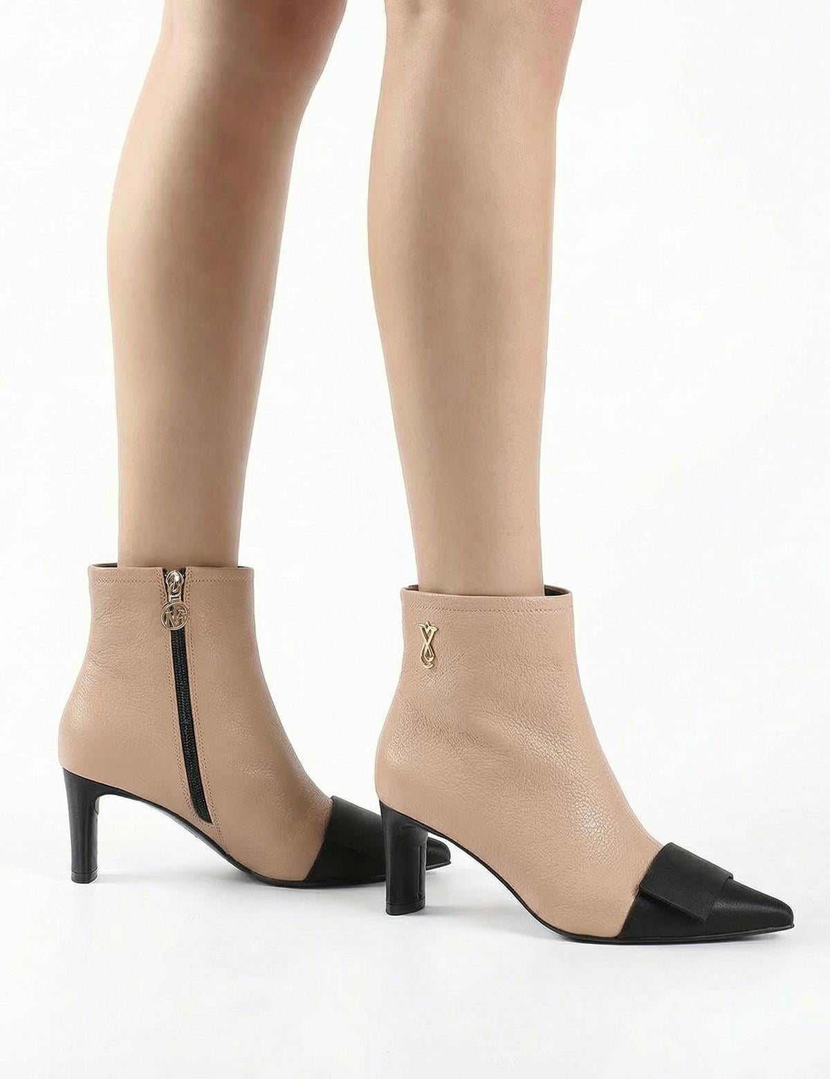 Ernesta Beige Floater Leather Satin Women's Heeled Boot