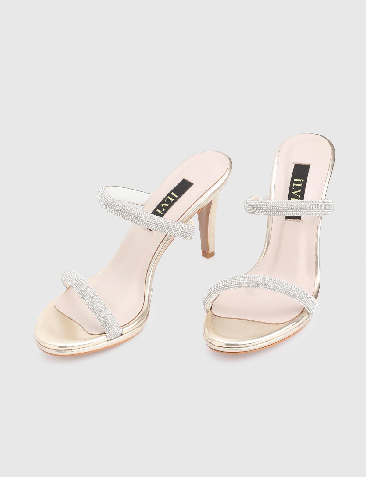 Fers Gold Leather Women's Heeled Slide with Stones