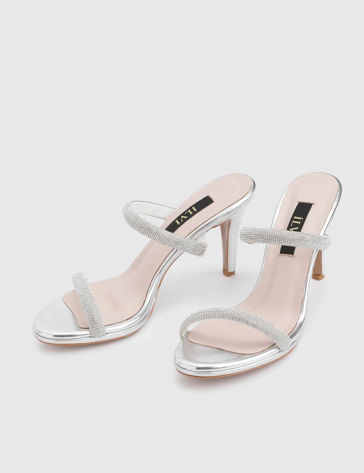 Fers Silver Leather Women's Heeled Slide with Stones